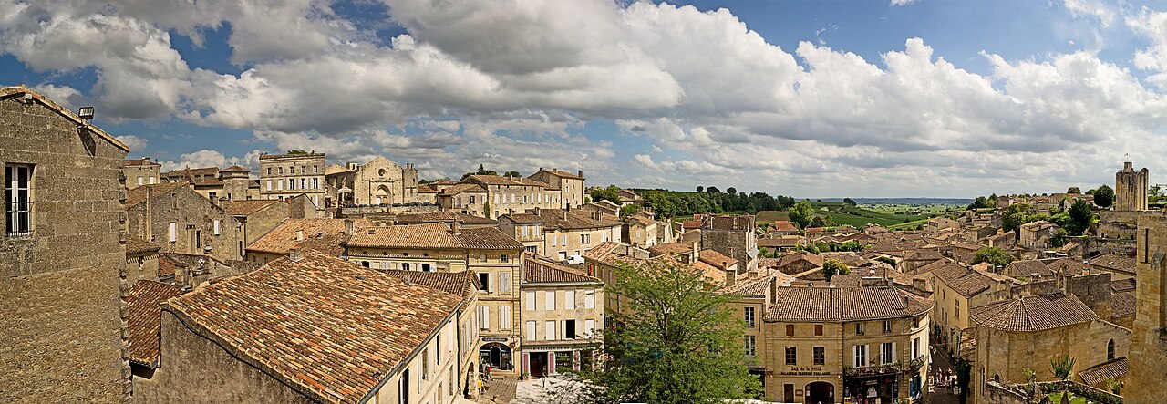 Saint-Émilion’s stone buildings and tiled rooftops, with vineyards in the distance