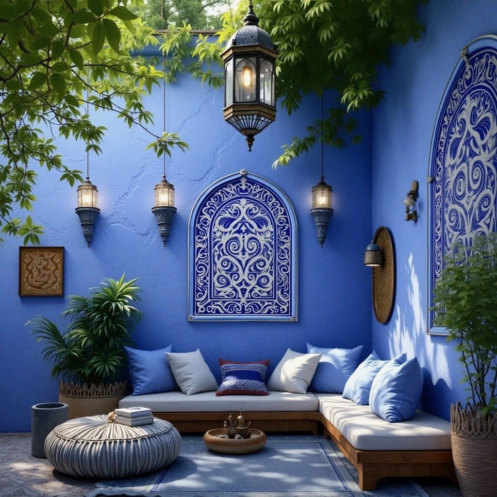 Blue Moroccan courtyard with lanterns