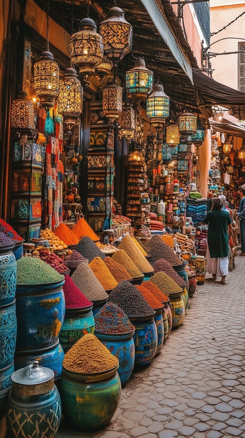 Marrakech spice market with hanging lanterns