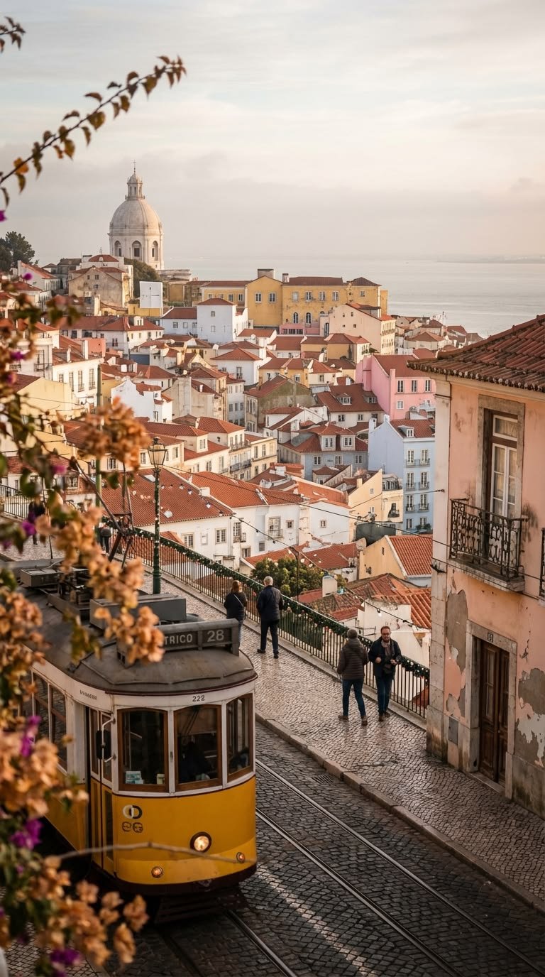 Yellow tram winding through Lisbon
